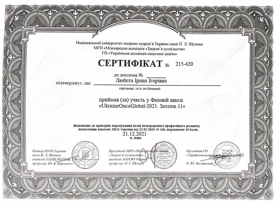 Лікар мамолог, онколог, хіміотерапевт Любота Ірина Ігорівна