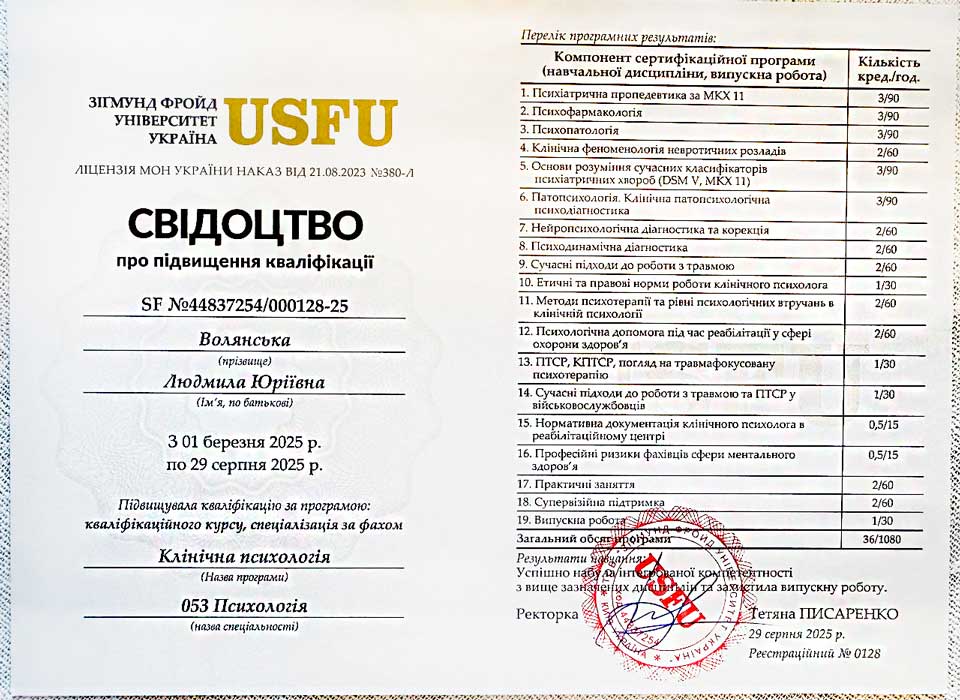 Клінічний психолог, психотерапевт-психоаналітик, вчитель йоги Волянська Людмила Юріївна